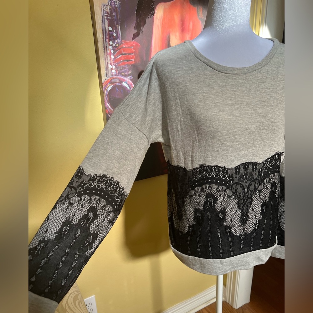Gray Sweatshirt with Black Lace Overlay